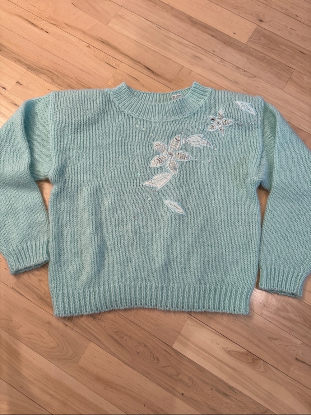 Vintage Floral Mint Pearl Beaded Flower Sweater Hipster 80s-M